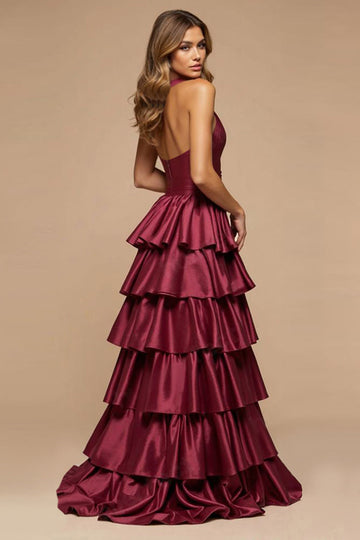 Burgundy A-Line Deep V Neck Ruffles Satin Long Prom Dress with Slit